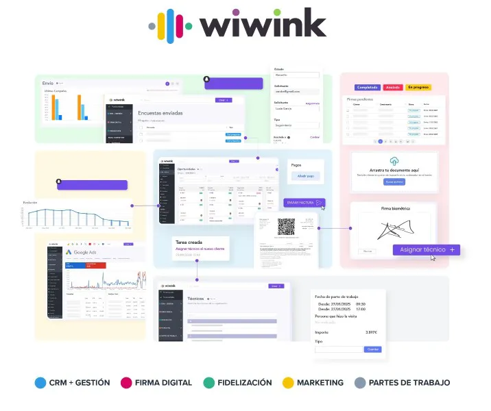 Interfaz de Wiwink mostrando su software de gestión y ventas para digitalización de pymes